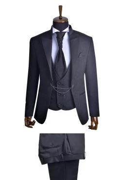 Baggi Men Abito Slim Fit Alla Coreana Nero Damascato Con Gilet E Cravatta -Meyer Shop 0 0b36ed74 1700