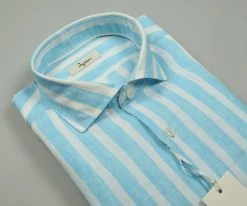 Camicia A Righe Verde Acqua In Puro Lino Ingram Slim Fit -Meyer Shop 0 26384875 1442