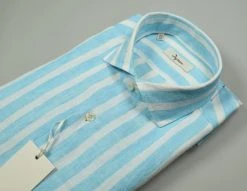 Camicia A Righe Verde Acqua In Puro Lino Ingram Slim Fit