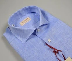 Regent By Pancaldi Camicia Pancaldi Celeste Slim Fit In Puro Lino Collo Alla Francese