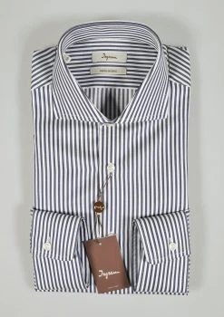 Camicia Ingram Slim Fit A Righe Blu Scuro Puro Cotone Doppio Ritorto