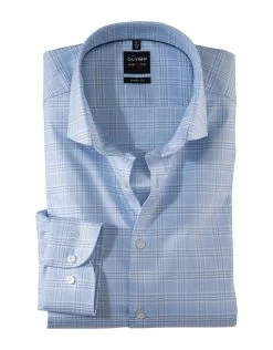 OLYMP Level Five Camicia Celeste A Quadri Olymp Slim Fit Cotone Twill Stretch