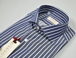 Regent By Pancaldi Camicia Blu A Righe Pancaldi Slim Fit Collo Francese Puro Cotone