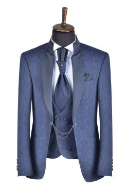 Baggi Men Abito Slim Fit Alla Coreana Blu Damascato Con Gilet E Cravatta