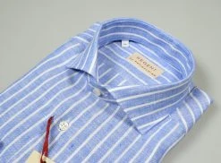 Regent By Pancaldi Camicia Pancaldi Slim Fit In Puro Lino Azzurra A Righe