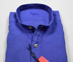 Camicia Ingram Azzurro Scuro In Puro Lino Regular Fit Collo Alla Coreana