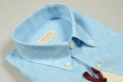 Regent By Pancaldi Camicia In Puro Lino Verde Acqua Pancaldi Collo Button Down Regular Fit