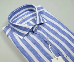 Camicia A Righe Azzurro In Puro Lino Ingram Slim Fit -Meyer Shop 0 ec687c89 1437
