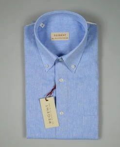 Regent By Pancaldi Camicia Pancaldi Celeste Button Down Maniche Corte In Misto Lino E Cotone